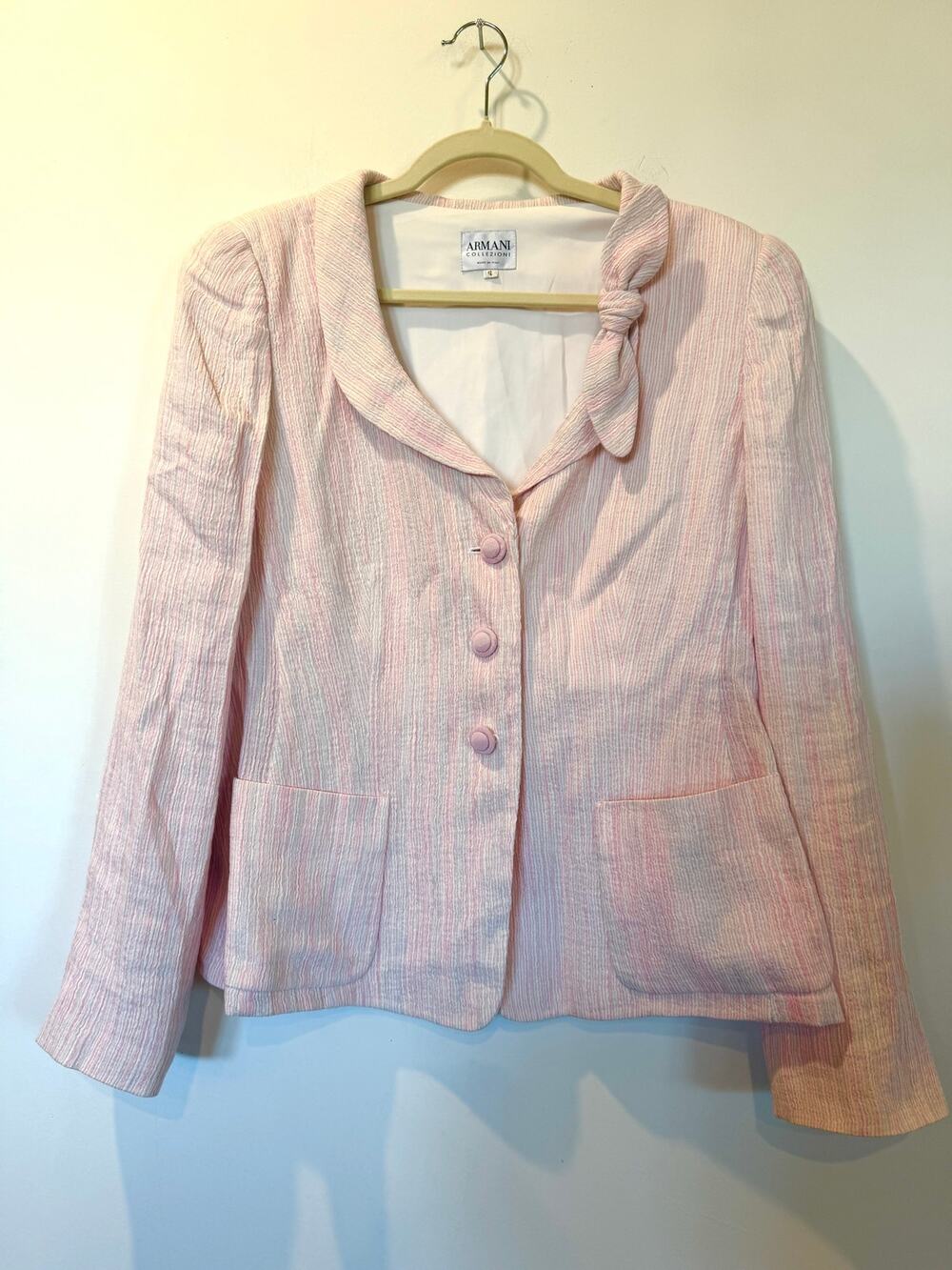 Armani Collezioni Pink White Blazer Linen Blend US 12 IT 48 Bow Italy Designer